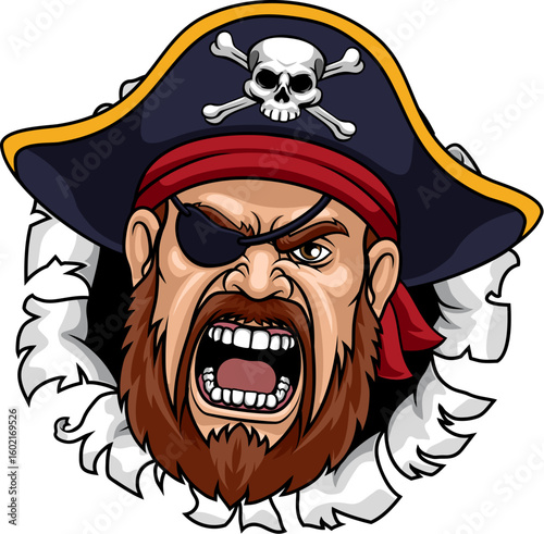 Pirate captain head or face, angry cartoon sports mascot man illustration.