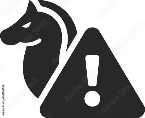 Trojan horse with warning sign showing malware threat, phishing risk, and cybersecurity fraud attack