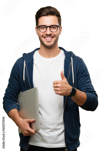 Happy young man with laptop and smartwatch giving a thumbs up