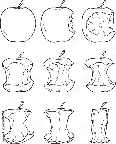 A black and white doodle sequence illustrates the stages of an apple being eaten, from whole to a discarded core. This conceptual image represents consumption, decay, or the passage of time, suitable 