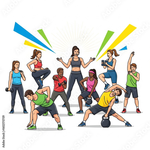 Group of diverse people exercising together in a fitness class with a trainer leading the workout.