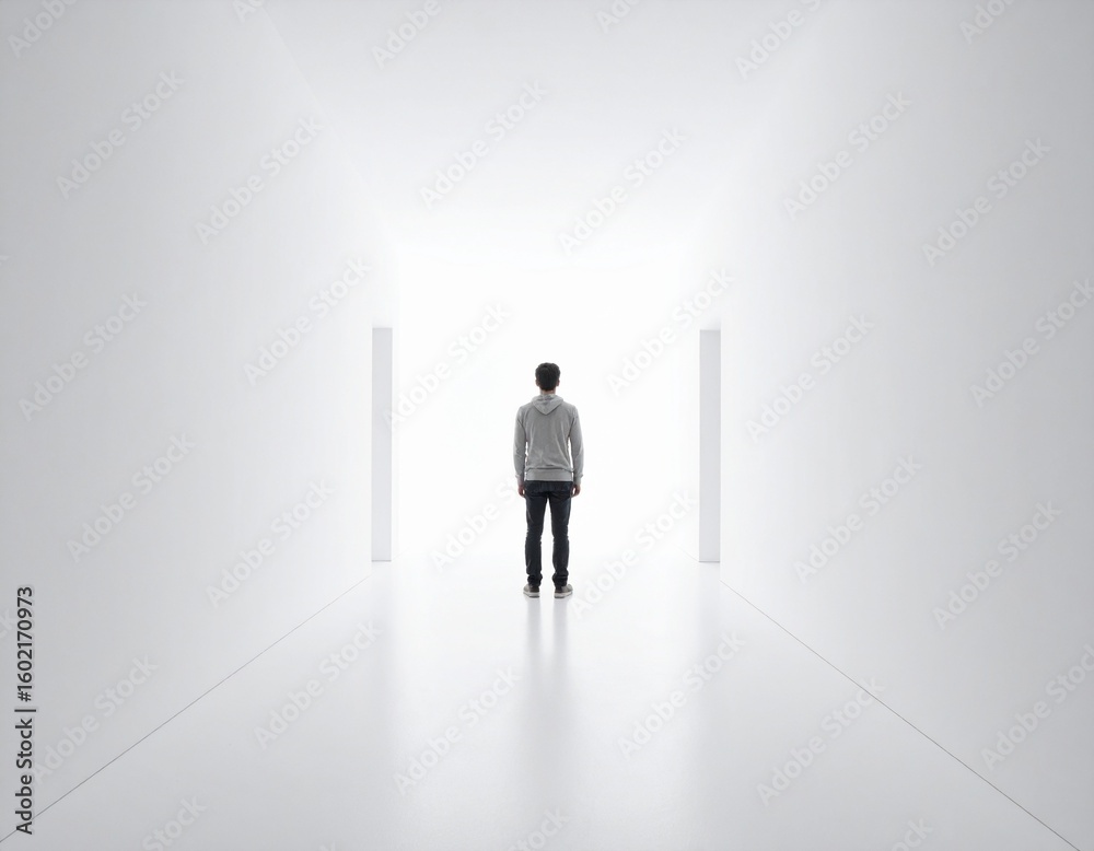 Obraz premium Man Standing at Crossroads Facing Bright Path 明るい道を前にする分岐点に立つ男性