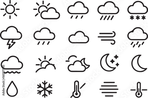 Weather icons depicting sun clouds rain snow wind moon and temperature vector