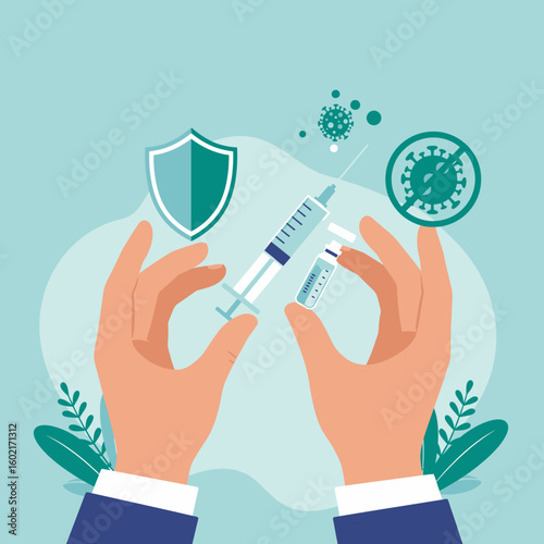 A pair of hands carefully holds a syringe and vaccine vial, symbolizing protection against viruses and representing health, safety, and immunization against infectious diseases.