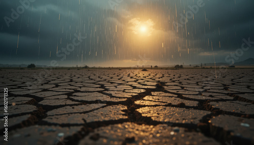 Dramatic rainfall over parched earth drought-stricken landscape nature photography serene environment ground level climate change impact