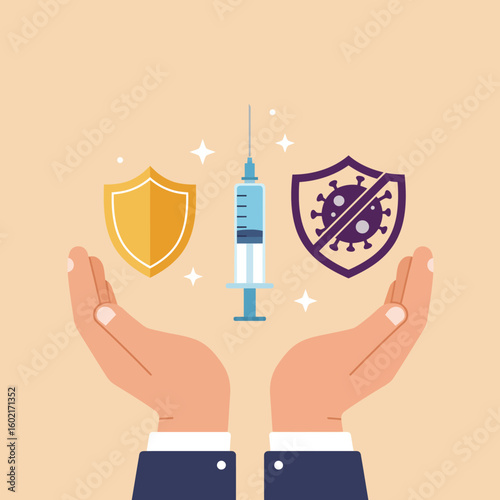 An illustrative depiction of hands holding a syringe between two shields, symbolizing vaccination, immunity, and protection against viral threats.