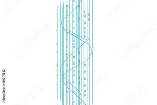 Glowing light blue wavy lines rotating around vertical structural beams, creating futuristic digital art pattern on transparent background with dynamic geometric composition