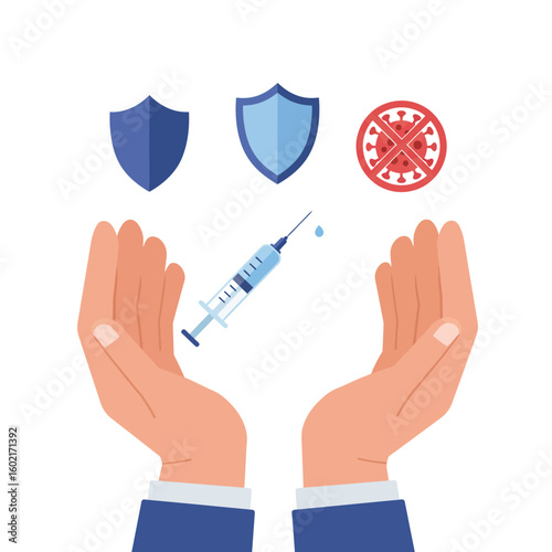 Hands holding a syringe with vaccine vial and shields symbolizing protection against virus, representing health and safety.