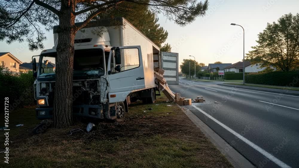 Delivery truck crash into roadside tree with scattered packages during twilight hour accident footage. Delivery truck crash into roadside tree with scattered packages during twilight hour accident footage.