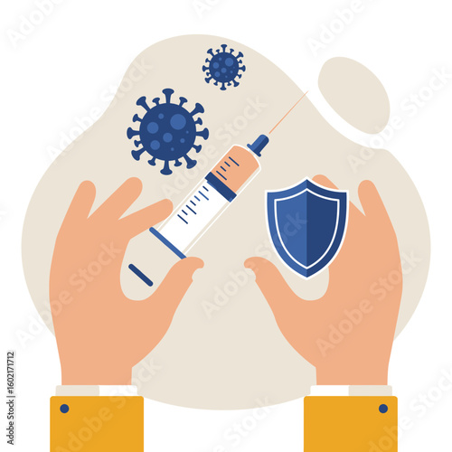 An illustration depicting hands holding a syringe and shield, symbolizing vaccination and protection against viral infections and disease.