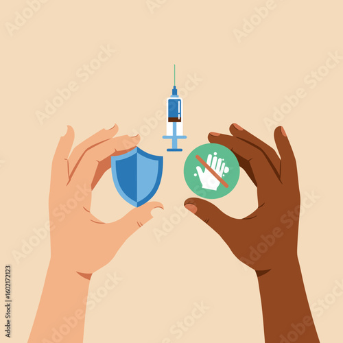 Two hands of different ethnicities hold a shield, a no-touch symbol, and a syringe, representing health protection and safety measures against infectious diseases.