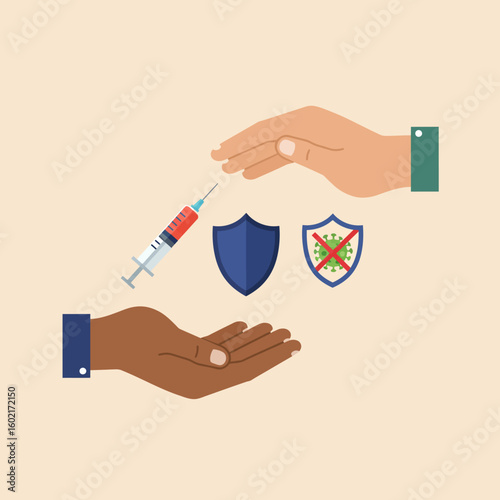 An illustrative depiction of hands exchanging a vaccine syringe and protective shields, symbolizing global immunity and healthcare against viruses.