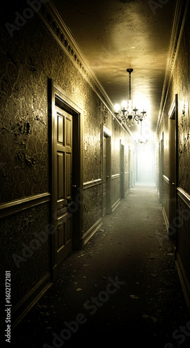 Spooky Abandoned Hotel Hallway with Chandelier & Light, 9:16