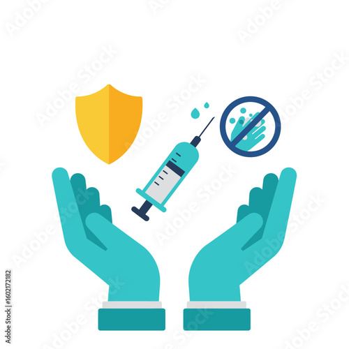 A vector illustration depicts hands holding a syringe, shield, and a hand sanitizing icon, representing vaccination and protection against viruses and germs.