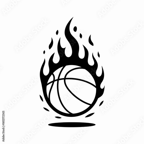 Burning Basketball Silhouette for Sports Designs and Creative Projects Featuring High Energy and Passion in Black and White
