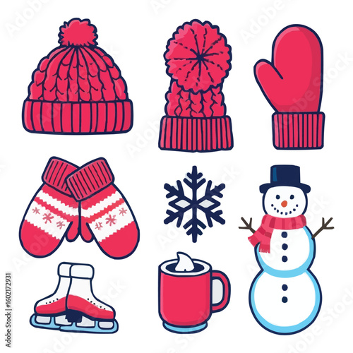 christmas icon set. Cute cartoon collection of snowman, hat, mittens, skates, and hot chocolate vectors.