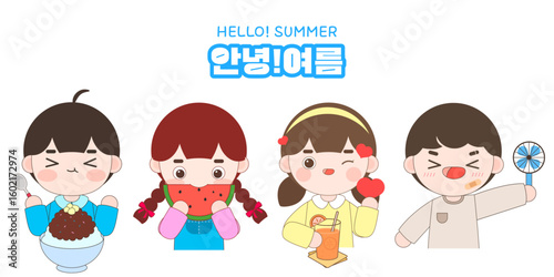 여름 일러스트. 다양한 방법으로 여름을 즐기는 어린이들 일러스트. 벡터 일러스트.