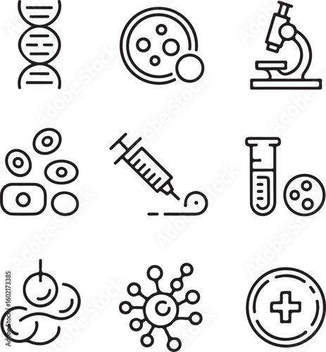 Stem Cell and Regenerative Medicine Line Icon Set DNA, Petri Dish, Cell Culture, Microscope, Injection, and Biomedical Lab Tools