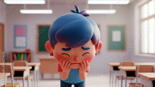 Embarrassed cartoon child with blushing cheeks and shy smile in soft-lit classroom, 3D artwork