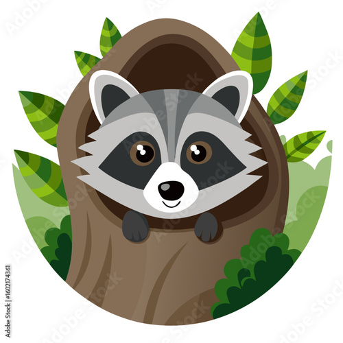 Adorable Cartoon Raccoon in Tree Hollow, Childlike, Playful Forest Illustration