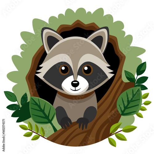 Adorable Cartoon Raccoon Peeking from Tree Hollow, Childlike, Nature-Themed Illustration
