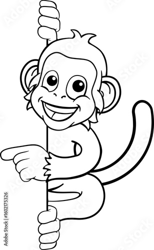 A monkey cartoon character animal behind a sign peeking around and pointing at it