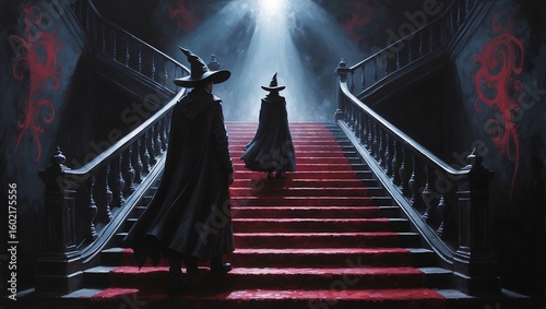 Mysterious figures in cloaks ascend a grand staircase bathed in dramatic spotlight