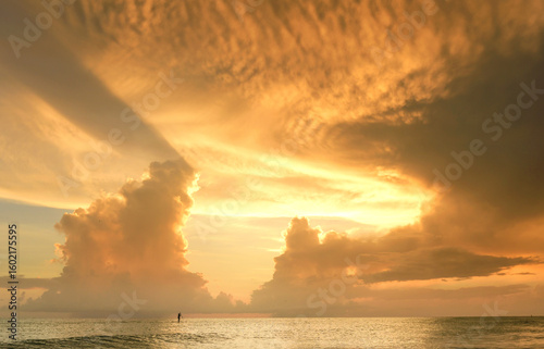 Silhouette paddle boarder golden sunset Gulf of Mexico Anna Mari