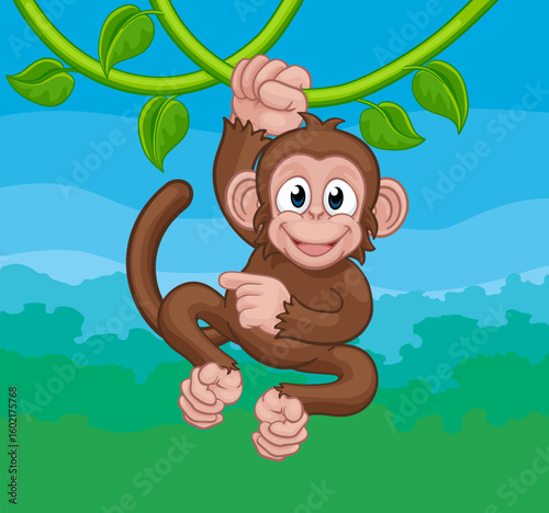A monkey cartoon character singing on jungle vines and pointing