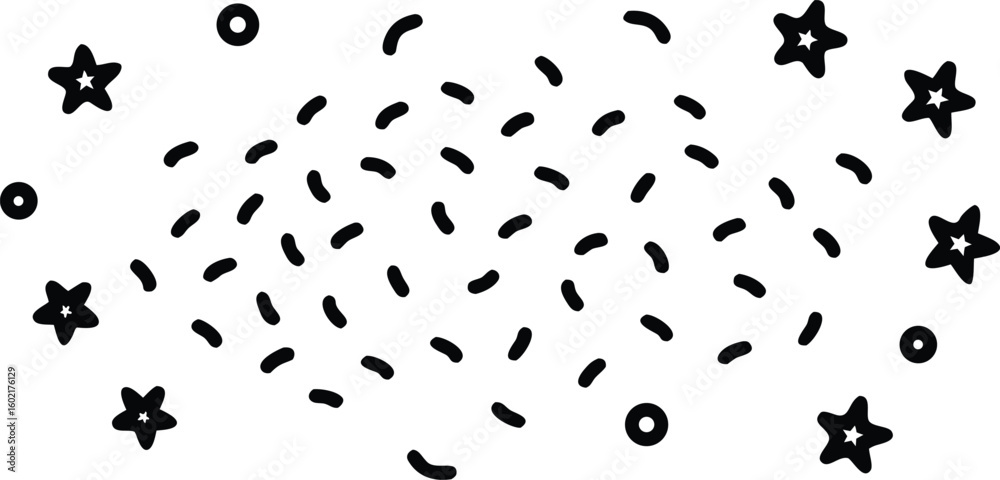 Vector art of a dynamic pattern of scattered black and white stars dots and lines isolated on transparent background. Vector art of a dynamic pattern of scattered black and white stars dots and lines isolated on transparent background.