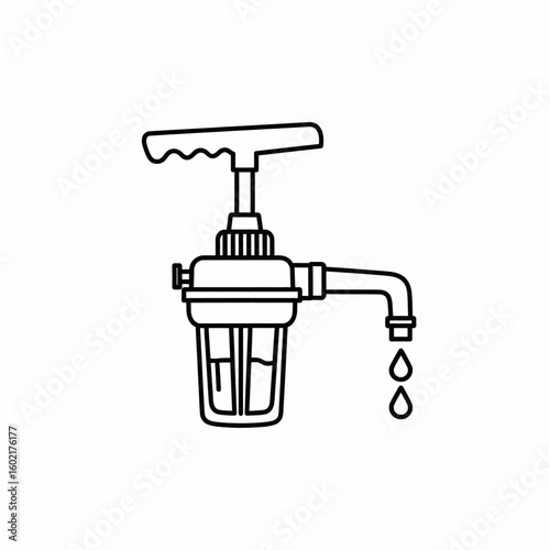 Line drawing of a water filter with a handle, spout, and water droplets.