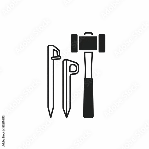 Black and white illustration of tent stakes and a mallet, ready for use.