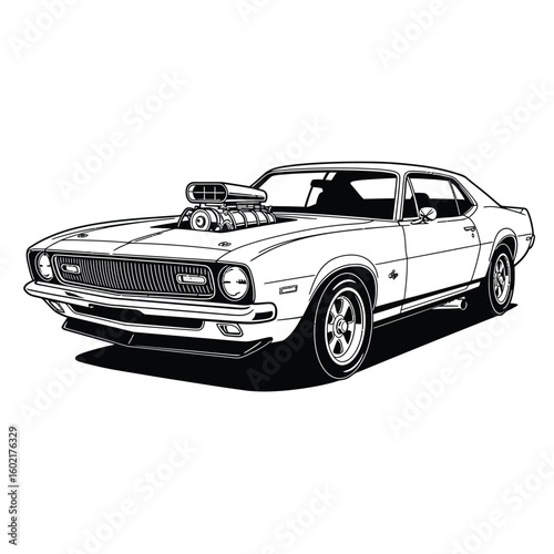 Classic Muscle Car Illustration: Black and White Vintage Coupe with Supercharger, Bold Lines, Retro Style, Powerful and Nostalgic Mood, Ideal for Automotive, Speed, and Power Themes.