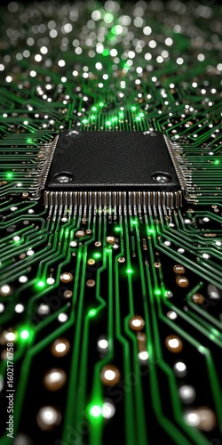 Ultra-Realistic Close-Up of a Computer Chip on a Circuit Board with Glowing Lights