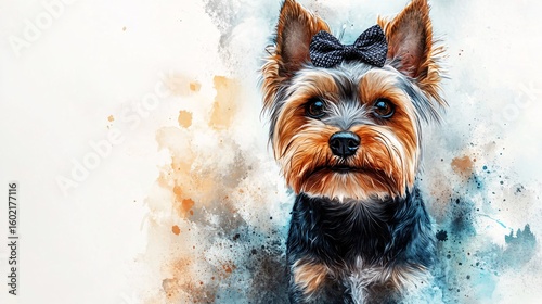A portrait of a Yorkshire terrier with a bow.