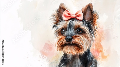 Watercolor portrait of a Yorkshire terrier wearing a pink bow.
