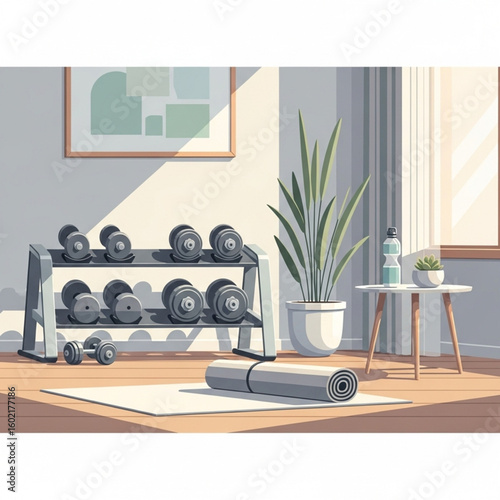 Sunlit home gym with dumbbells, yoga mat, and plant.