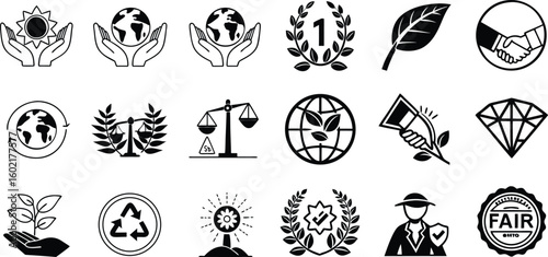 A vector illustration set of black and white tree silhouettes and eco-friendly globe icons for web design