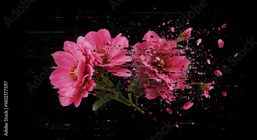 Abstract digital art of vibrant pink flowers shattering and dissolving into a pixelated glitch distortion