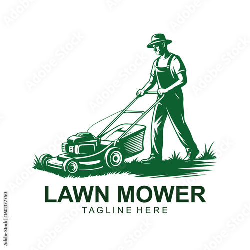 Vintage Lawn Mower Logo – Retro Grass Cutting Worker Vector Emblem Design