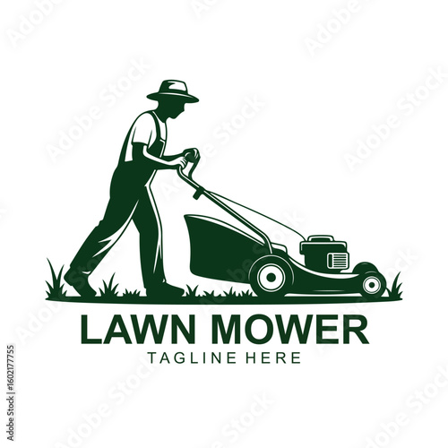 Vintage Lawn Mower Logo – Retro Grass Cutting Worker Vector Emblem Design