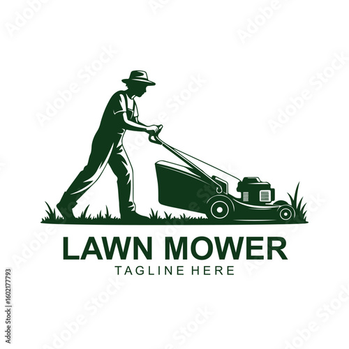 Vintage Lawn Mower Logo – Retro Grass Cutting Worker Vector Emblem Design