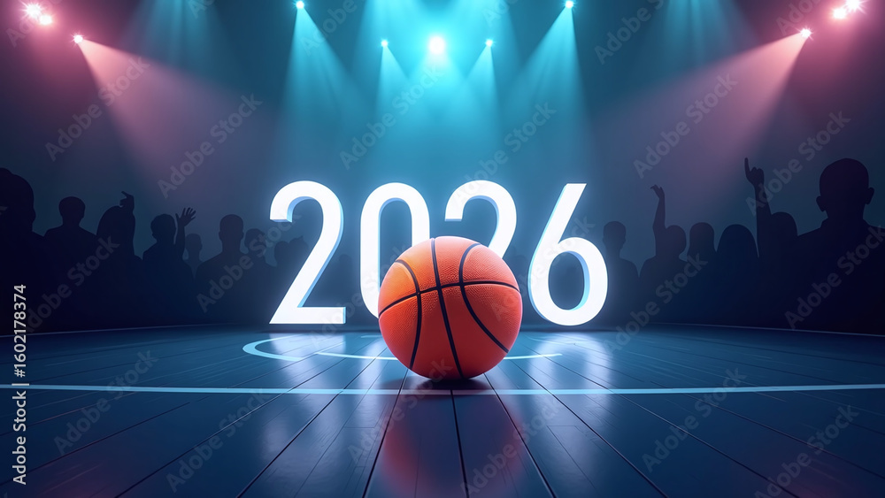 Obraz premium Basketball sits below glowing “2026” sign. 🏀✨ 