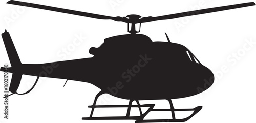 Black helicopter silhouette with rotor and landing gear blades tail
