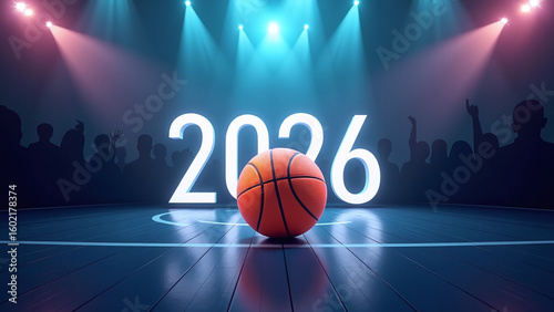 Basketball sits below glowing “2026” sign. 🏀✨
