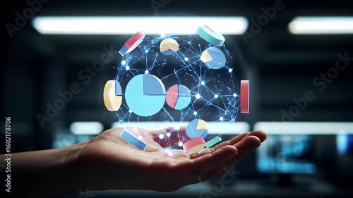 Hand Holding Holographic Data Chart with Colorful Pie Segments in Dark Tech Background Featuring Blue Lighting