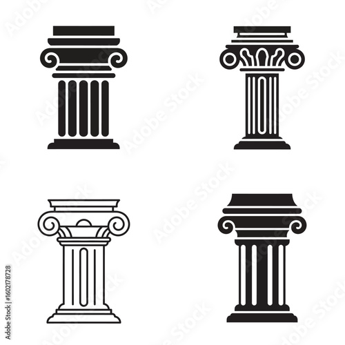 Four classic architectural columns featuring ionic and corinthian styles