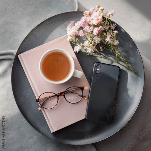 Flat lay of side table with cup of tea, mobile phone, and reading glasses