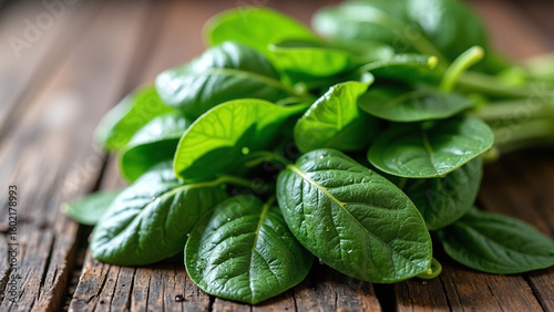Fresh spinach leaves arranged on wooden surface. 🥬✨
