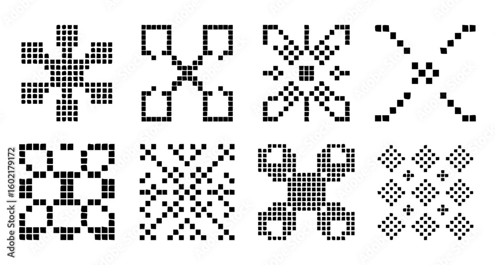 Fototapeta premium Eight pixel art geometric patterns abstract black